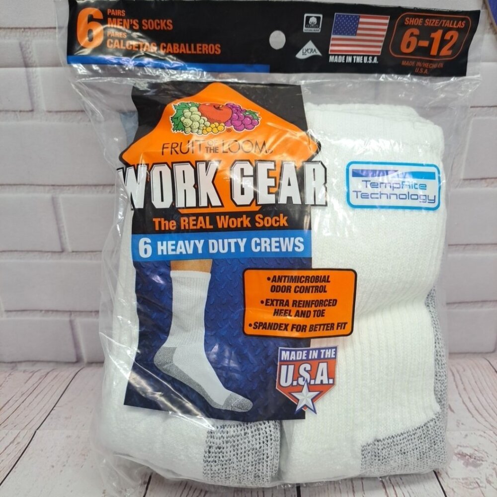 NEW Men's 6-Pair Work Gear Heavy Duty Crew Socks - White Size 6-12 - Made In USA